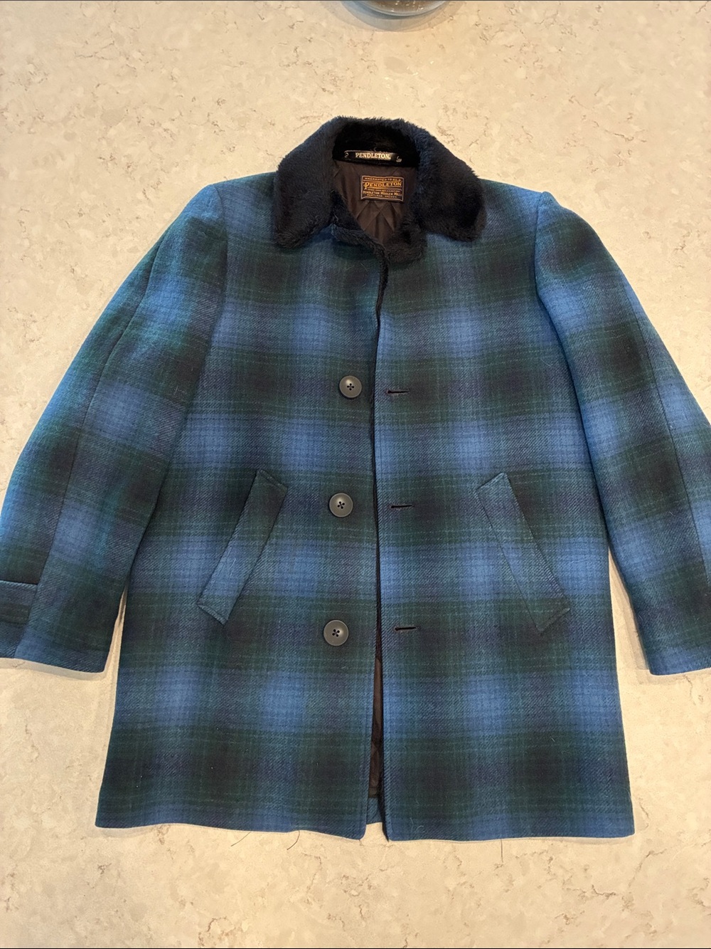 Pendleton Blue-Green Plaid Wool Pea Coat with Black Collar